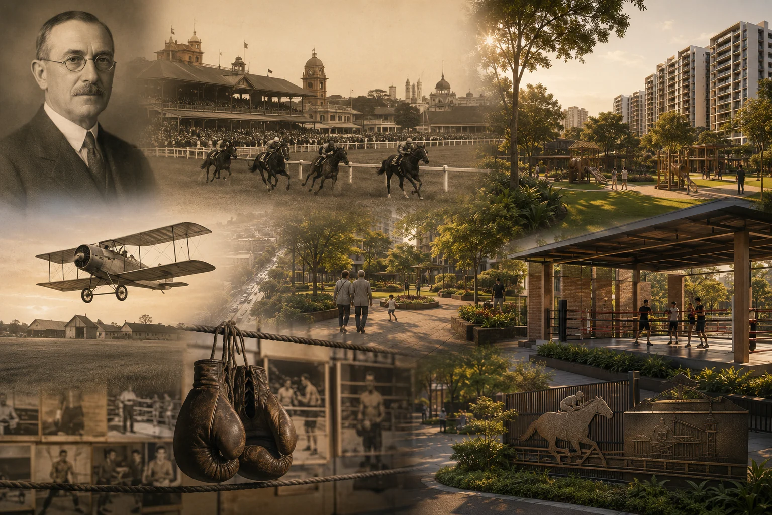 Farrer Park heritage and renewal - Roland John Farrer, the 1843 racecourse grandstand, Singapore's first aircraft landing in 1919, the former Singapore Amateur Boxing Association gym, and the renewed estate with community sporting space and heritage motifs