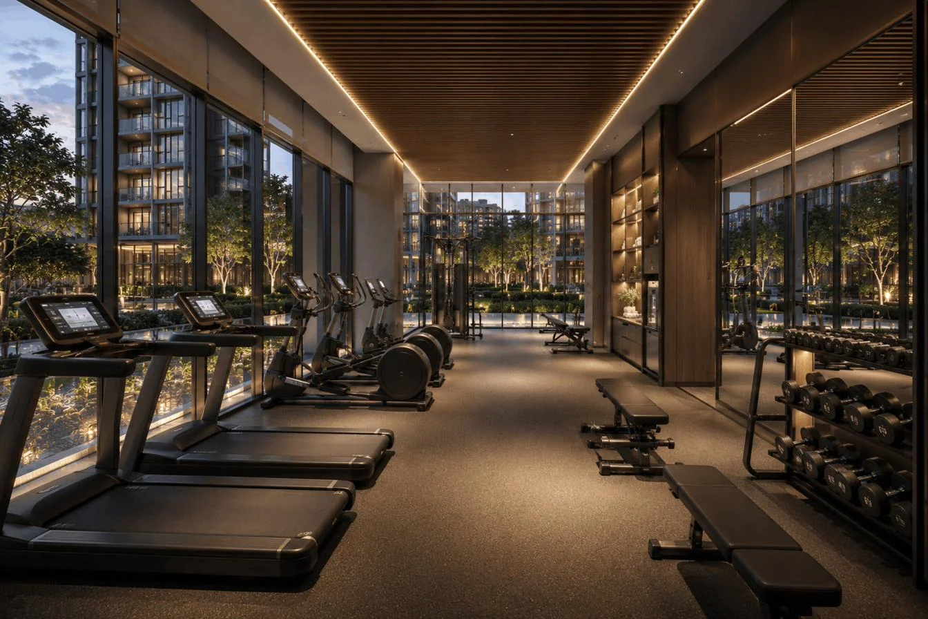 Dorset Residences - concept image of the residents' gymnasium overlooking the garden deck, Farrer Park District 08